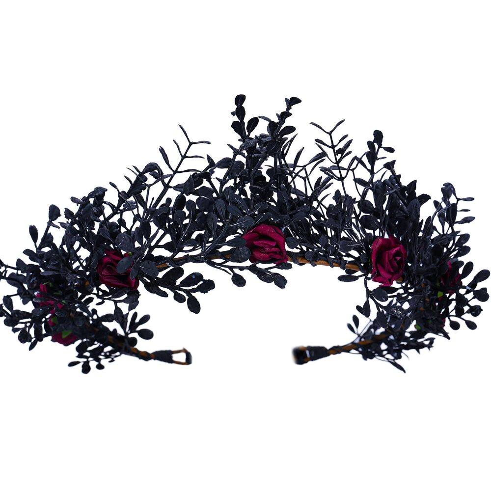 2487 Gothic Black Flower Crown - Woodland Fairy Headpiece Dark Forest - Picture 3 of 7